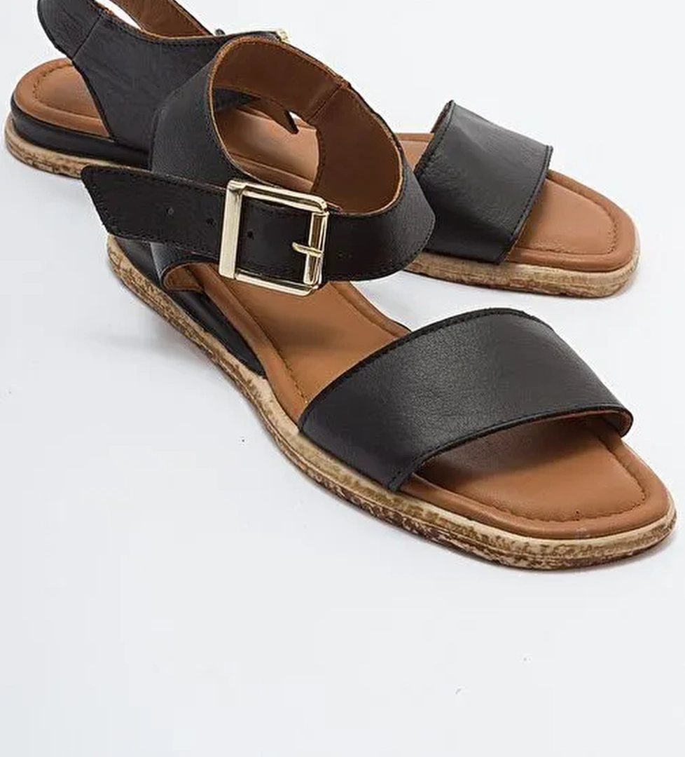 713 Hakıkı Derı Sıyah Kadın Sandalet - Görsel 1