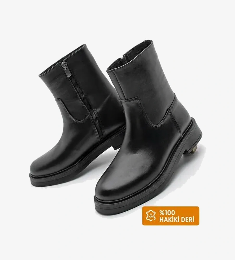 Kadın Hakiki Deri Kalın Taban Günlük Bot Zervas Siyah - Görsel 1