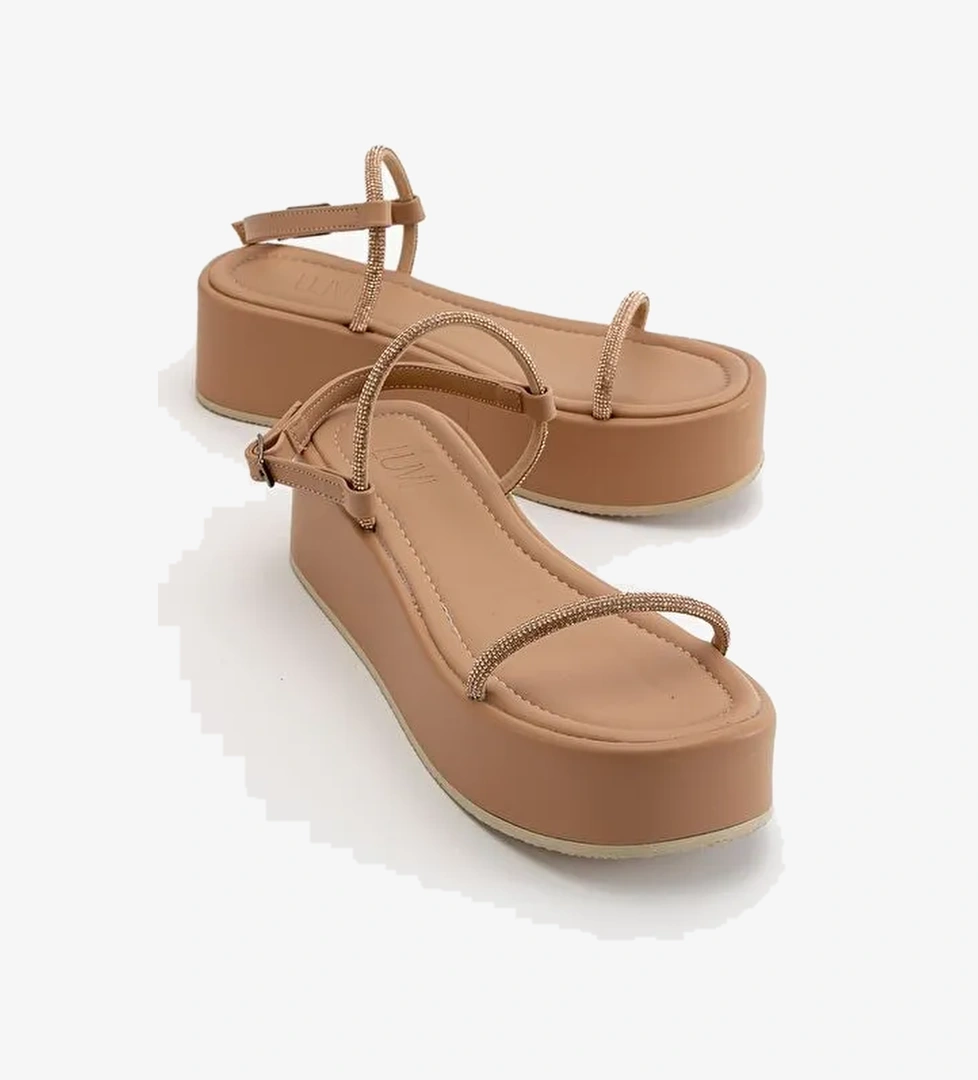 EKOS Bej Taşlı Kadın Kalın Taban Sandalet - Görsel 1