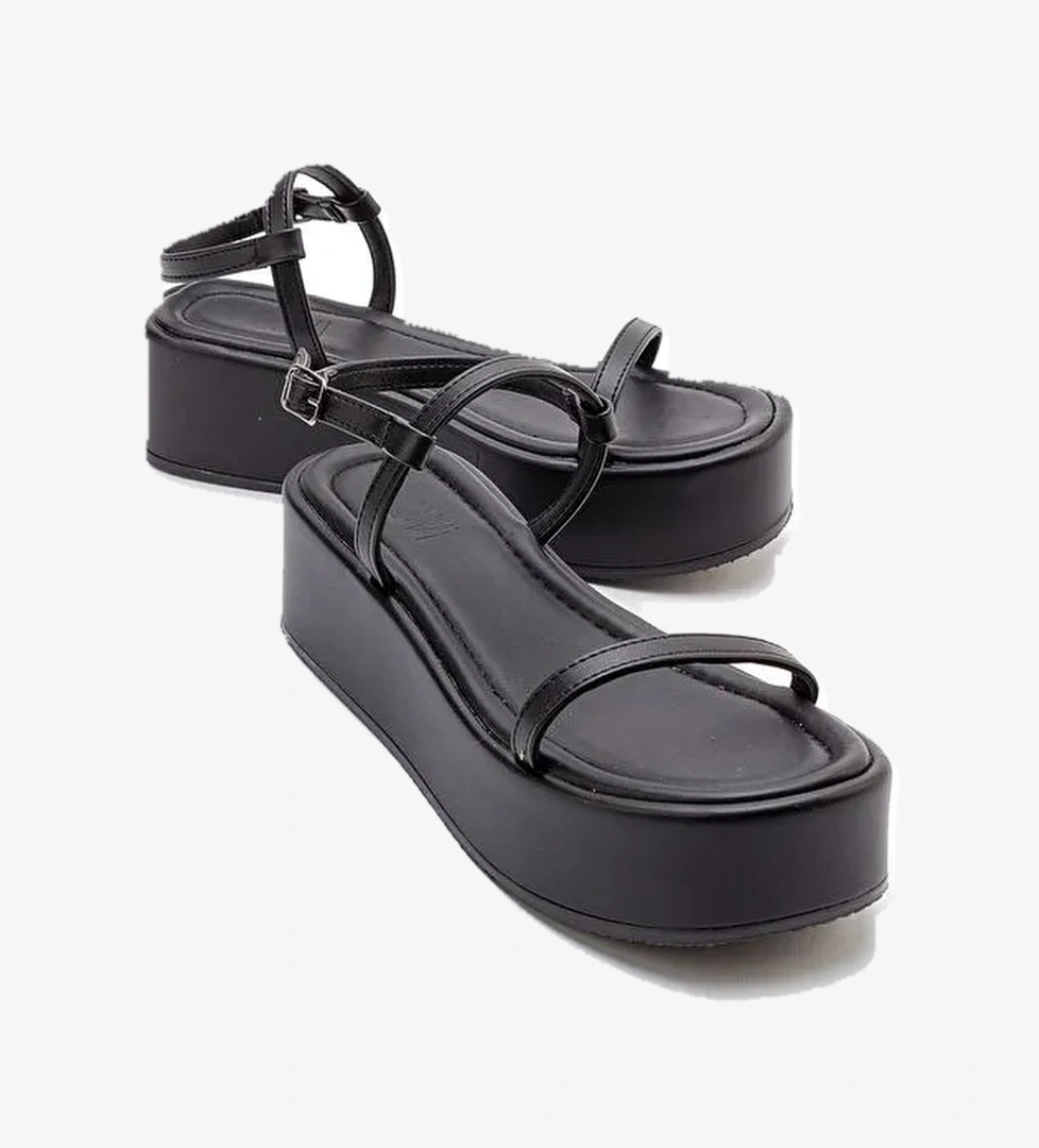 LİNA Siyah Kadın Kalın Taban Sandalet - Görsel 1