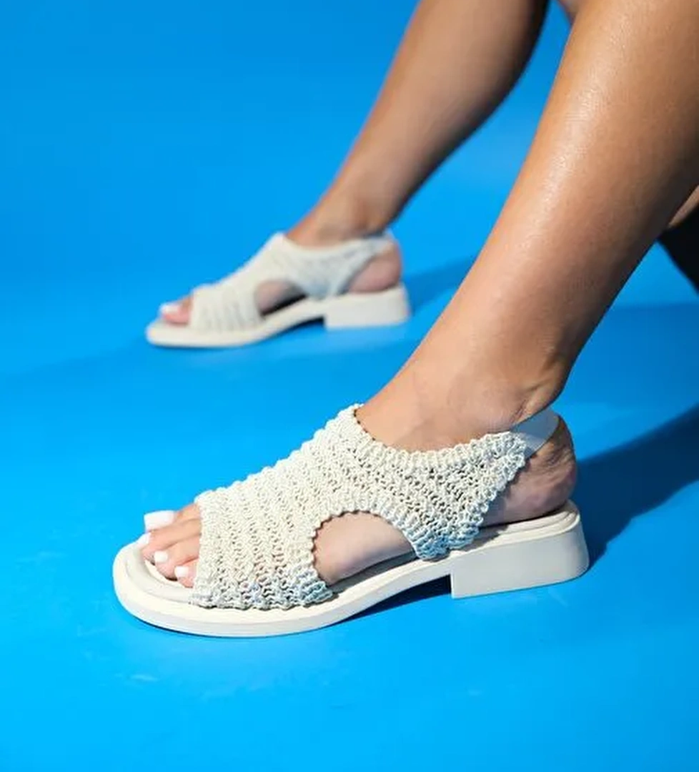 WEAVE Bej Örme Hakiki Deri Kadın Sandalet - Görsel 1