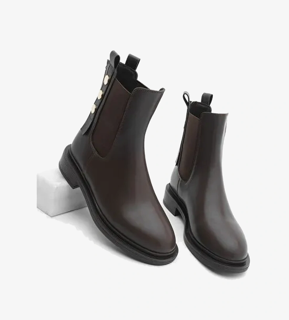 Kadın Altın Düğmeli Çift Lastikli Arkadan Fermuarlı Günlük Bot Valone Kahve - Görsel 1