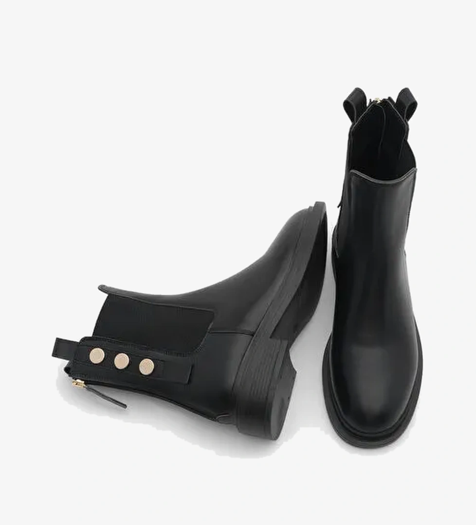 Kadın Altın Düğmeli Çift Lastikli Arkadan Fermuarlı Günlük Bot Valone Siyah - Görsel 1