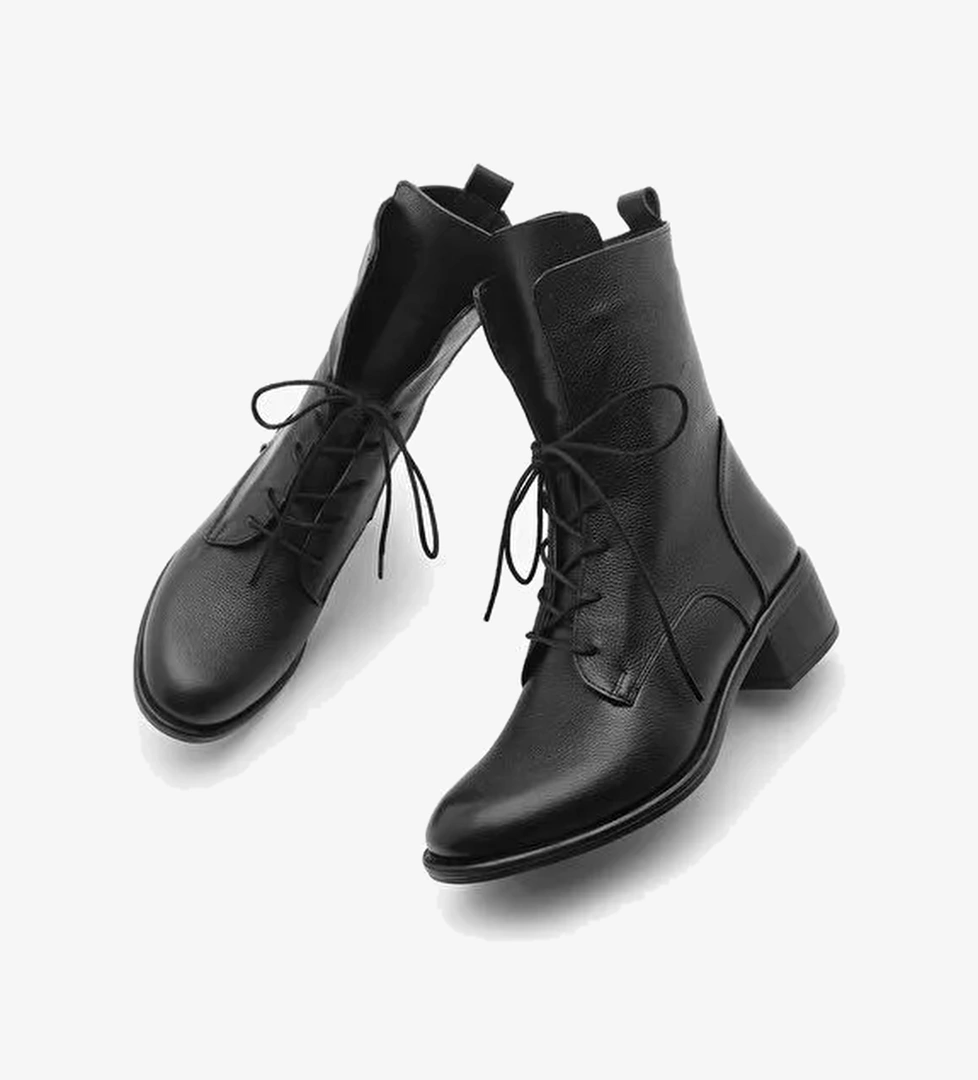 Kadın Hakiki Deri Postal Bot Bağcıklı Fermuarlı Klasik Günlük Bot Mek Siyah - Görsel 1