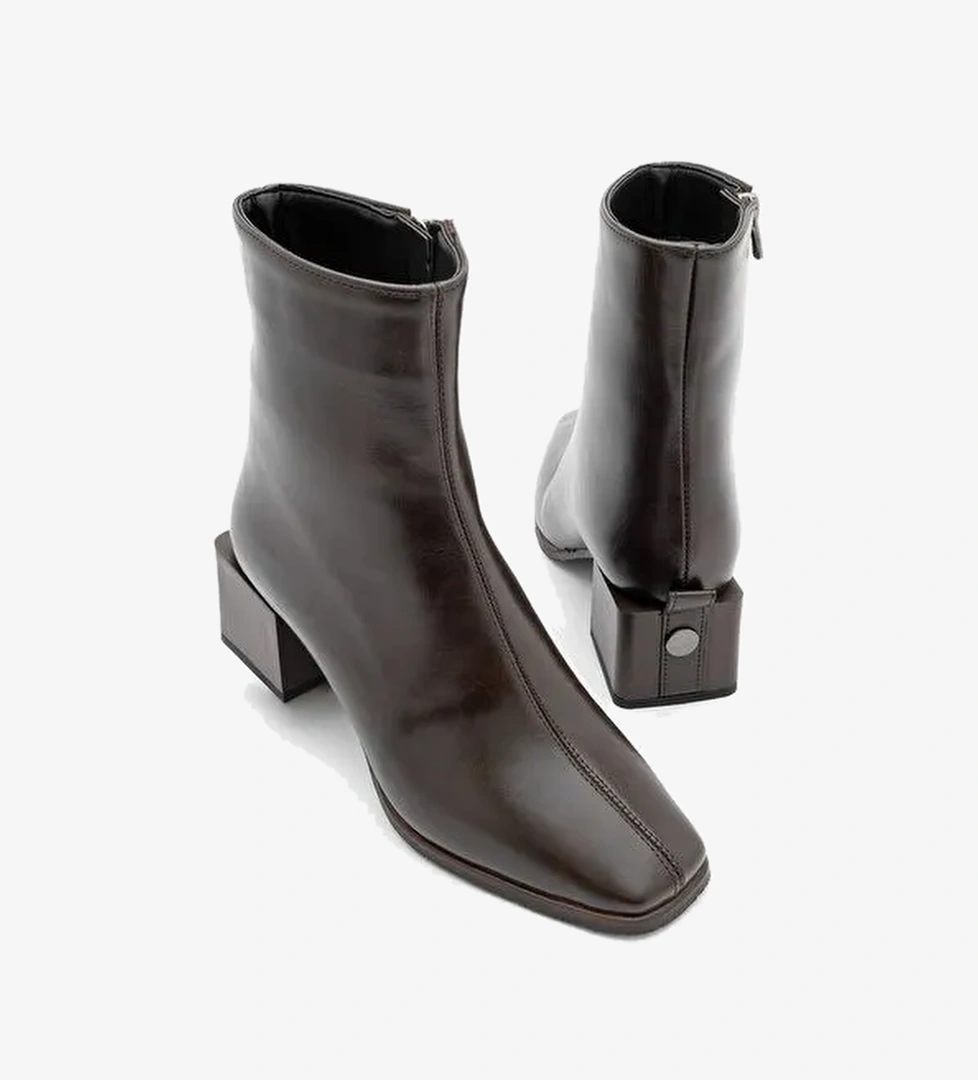 Kadın Topuklu Bot&Bootie Küt Burun Ahşap Desen Ökçe Fermuarlı Günlük Klasik Bot Noyes Kahve - Görsel 1