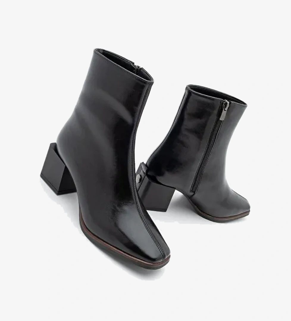 Kadın Topuklu Bot&Bootie Küt Burun Ahşap Desen Ökçe Fermuarlı Günlük Klasik Bot Noyes Siyah - Görsel 1