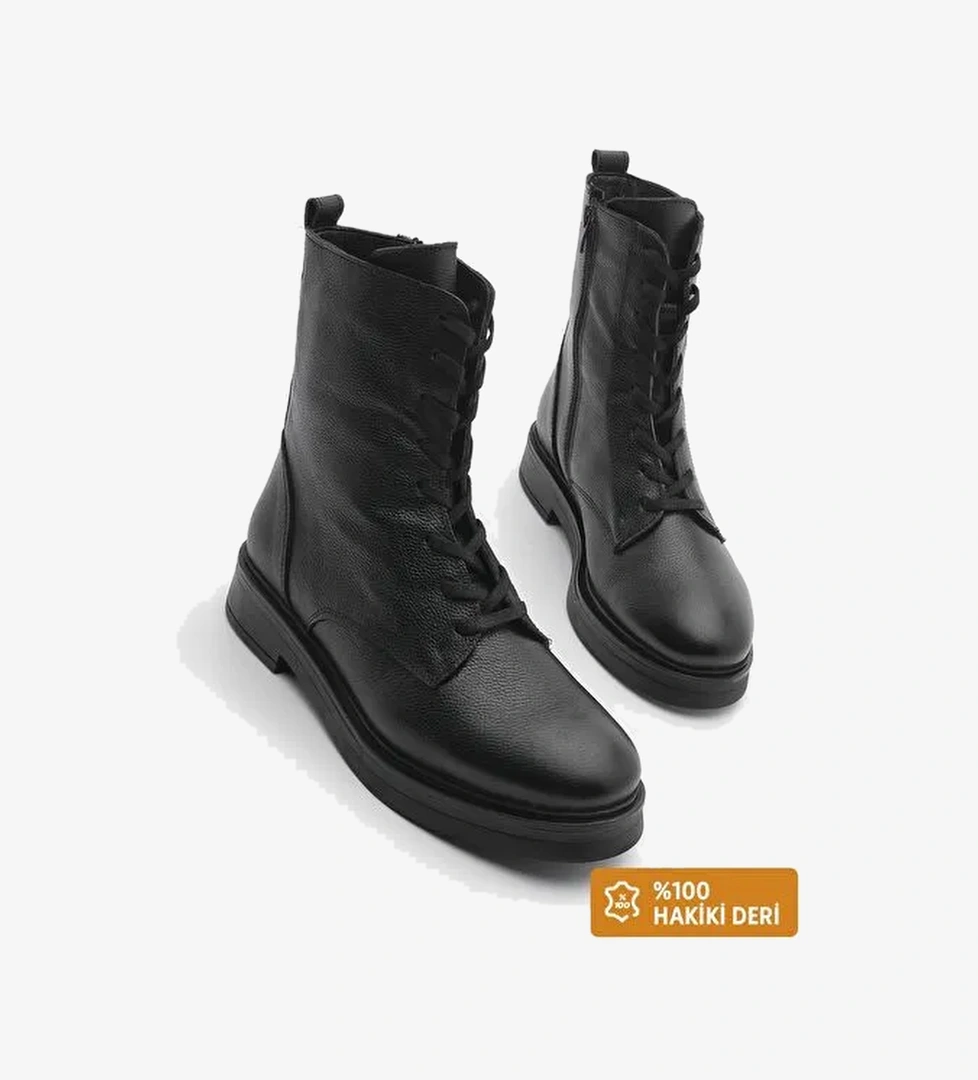 Kadın Hakiki Deri Postal Bot Bağcıklı Fermuarlı Kafle Siyah - Görsel 1