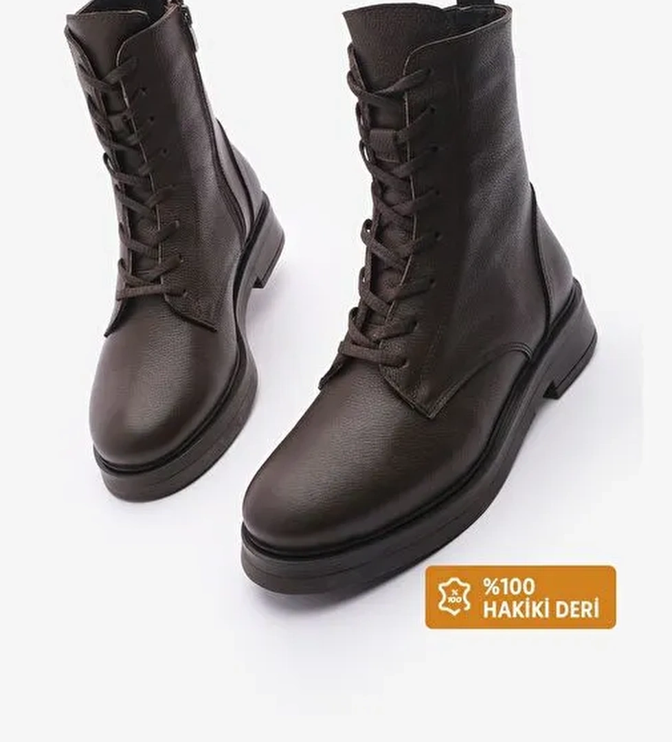 Kadın Hakiki Deri Postal Bot Bağcıklı Fermuarlı Kafle Kahve - Görsel 1