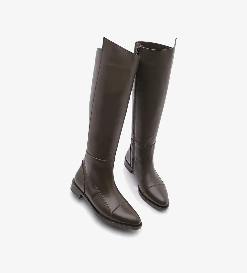 Kadın Hakiki Deri Günlük Çizme Dizaltı Fermuarlı Klasik Çizme Anis Kahve - Görsel 1