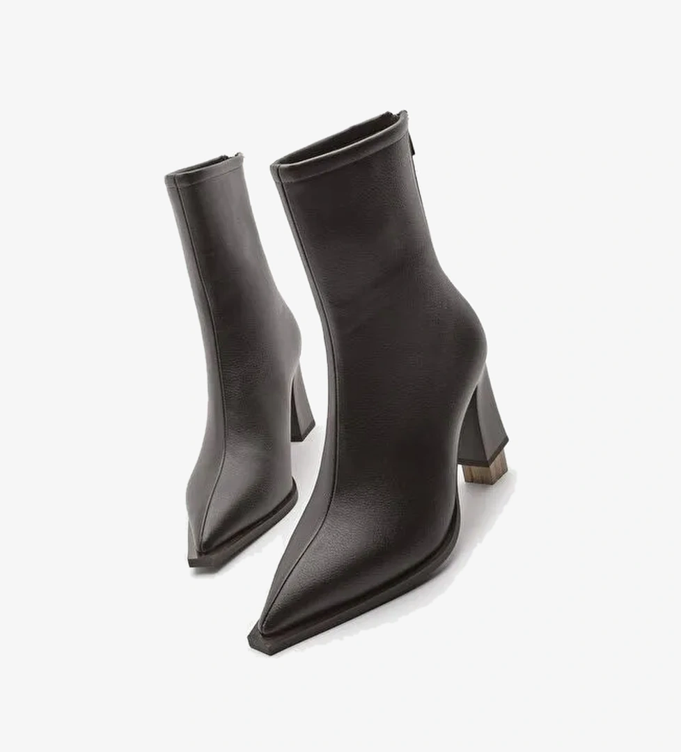 Kadın Topuklu Bot Sivri Burun Arkadan Fermuarlı Kalın Ökçe Kikas Kahve - Görsel 1