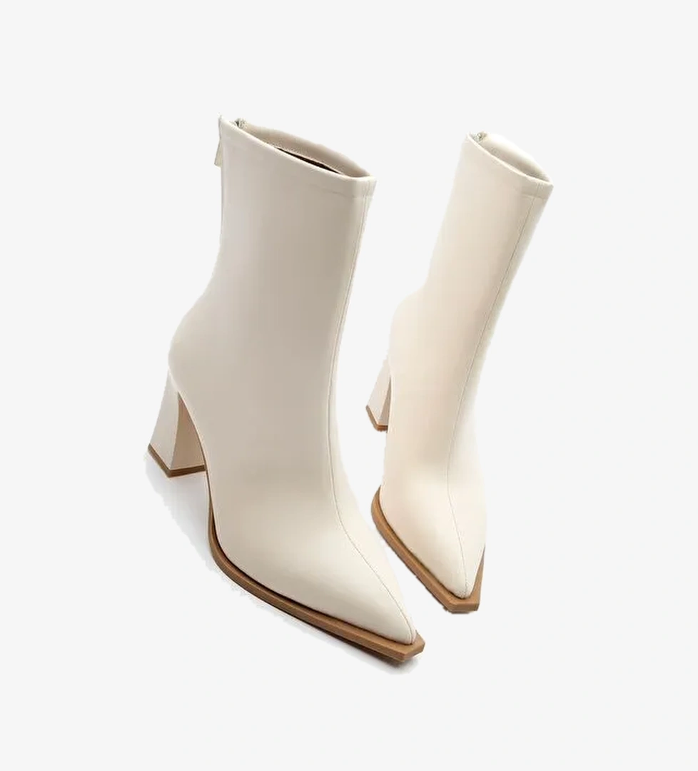 Kadın Topuklu Bot Sivri Burun Arkadan Fermuarlı Kalın Ökçe Kikas Ekru - Görsel 1