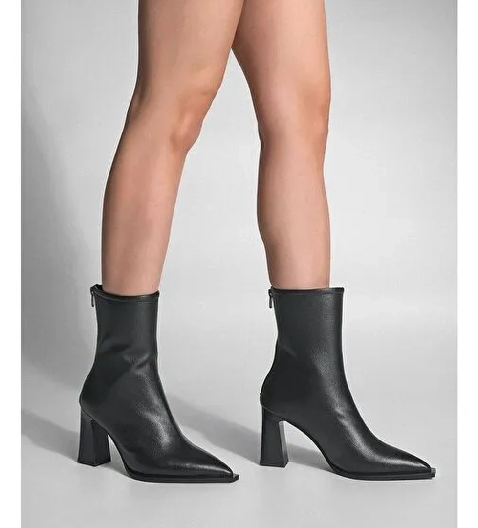 Kadın Topuklu Bot Sivri Burun Arkadan Fermuarlı Kalın Ökçe Kikas Siyah - Görsel 1