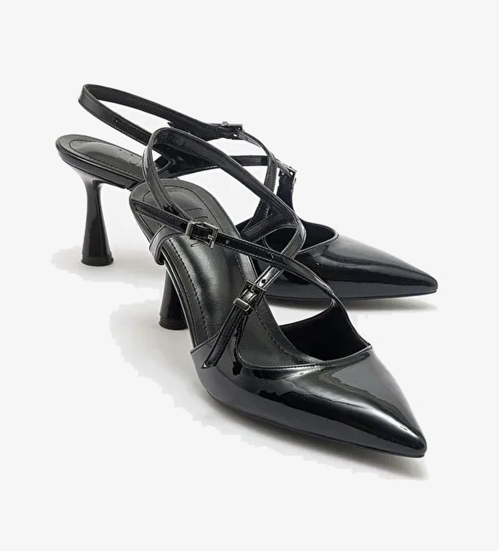 COJE Siyah Rugan Kadın Sivri Burun İnce Topuklu Ayakkabı - Görsel 1