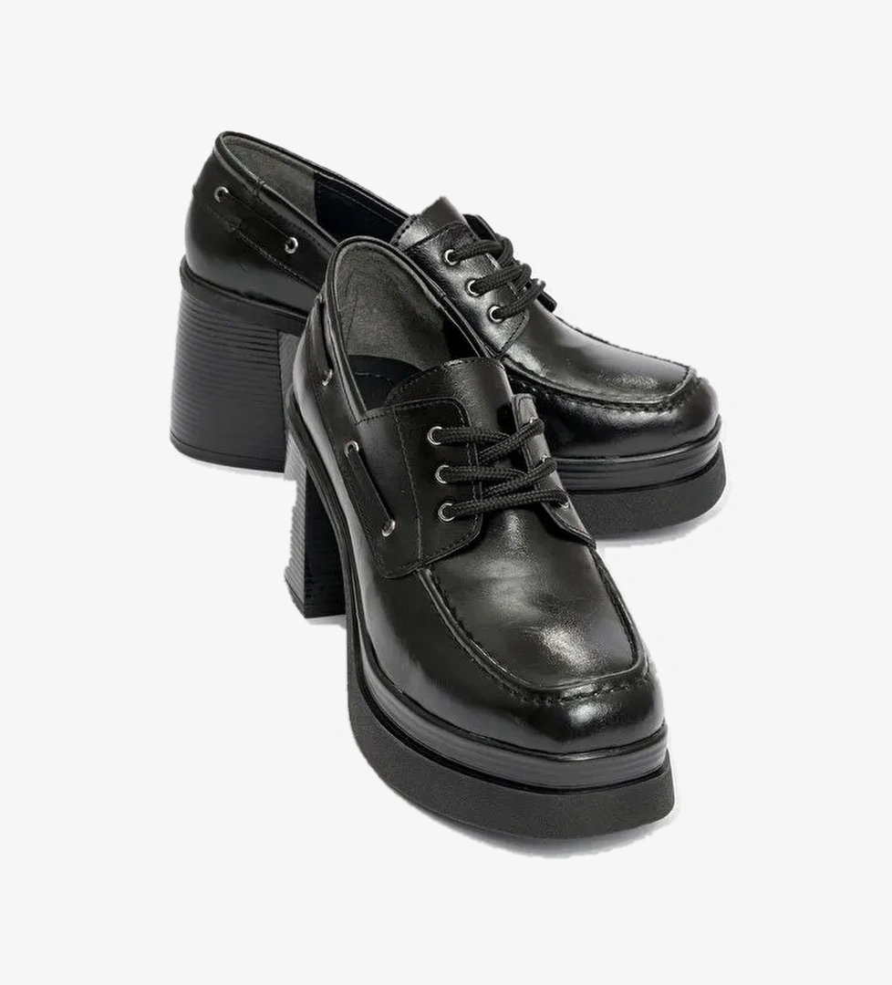 DUDLEY Siyah Cilt Bağcıklı Kadın Platform Topuklu Ayakkabı - Görsel 1