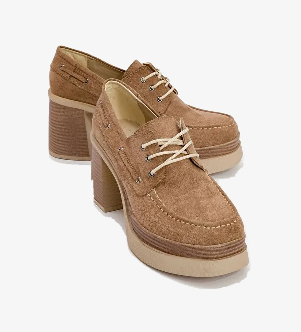 DUDLEY Koyu Bej Süet Bağcıklı Kadın Platform Topuklu Ayakkabı - Görsel 1