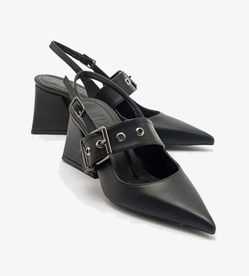 NEPİDO Siyah Cilt Kadın Sivri Burun Arkası Açık Kalın Topuklu Ayakkabı - Görsel 1