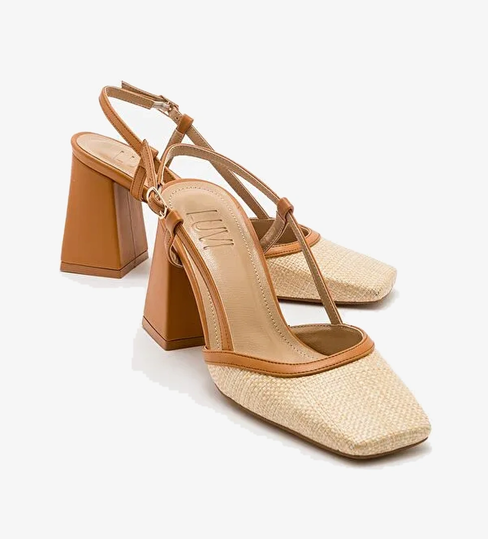 RİVİE Taba Hasır Kadın Küt Burun Kalın Topuklu Ayakkabı - Görsel 1