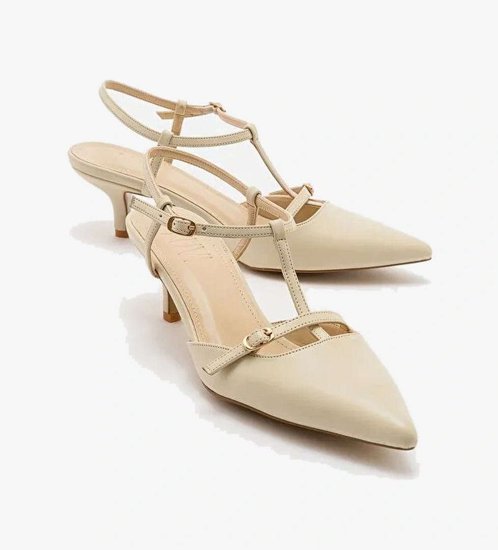 FRANS Ekru Cilt Kadın Sivri Burun Arkası Açık Kısa Topuklu Ayakkabı - Görsel 1
