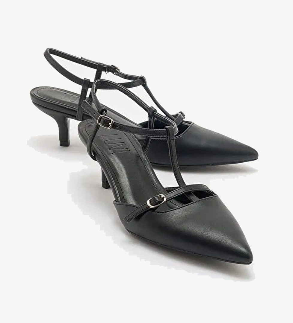 FRANS Siyah Cilt Kadın Sivri Burun Arkası Açık Kısa Topuklu Ayakkabı - Görsel 1