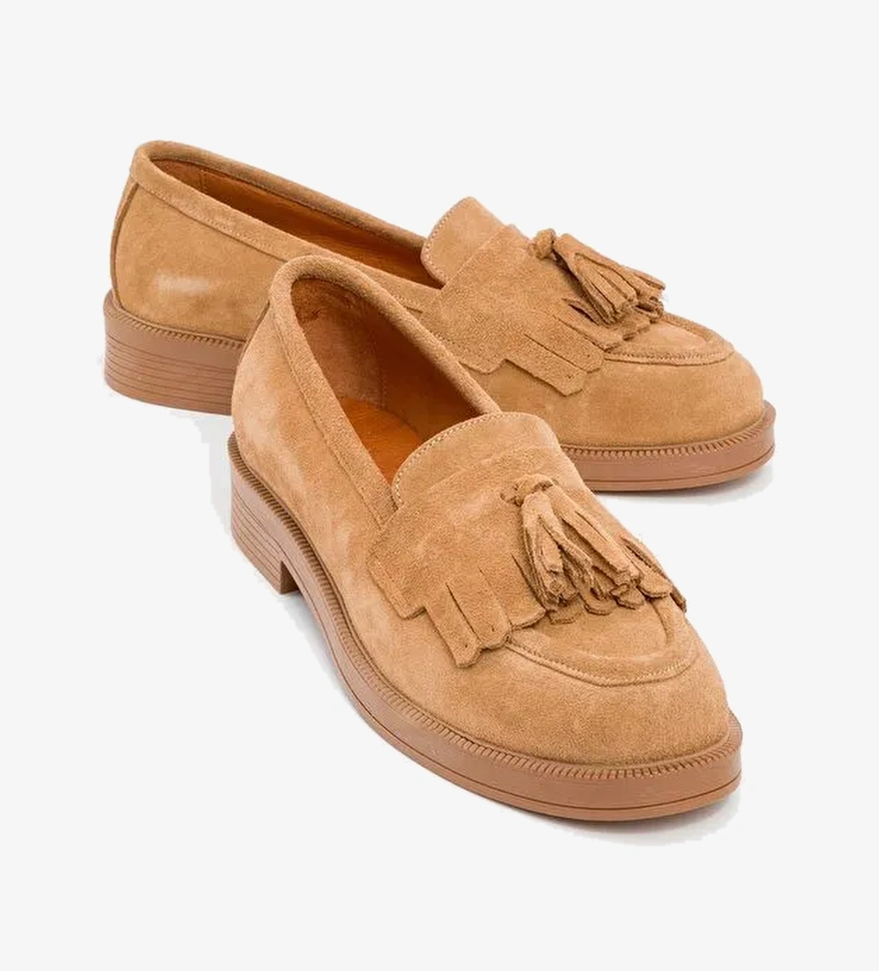 MİLİNA Toprak Süet Püsküllü Hakiki Deri Kadın Loafer Ayakkabı - Görsel 1