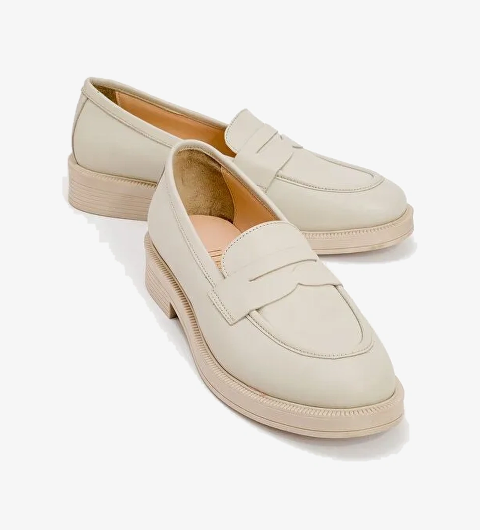 PLİNE Ekru Cilt Hakiki Deri Kadın Loafer Ayakkabı - Görsel 1