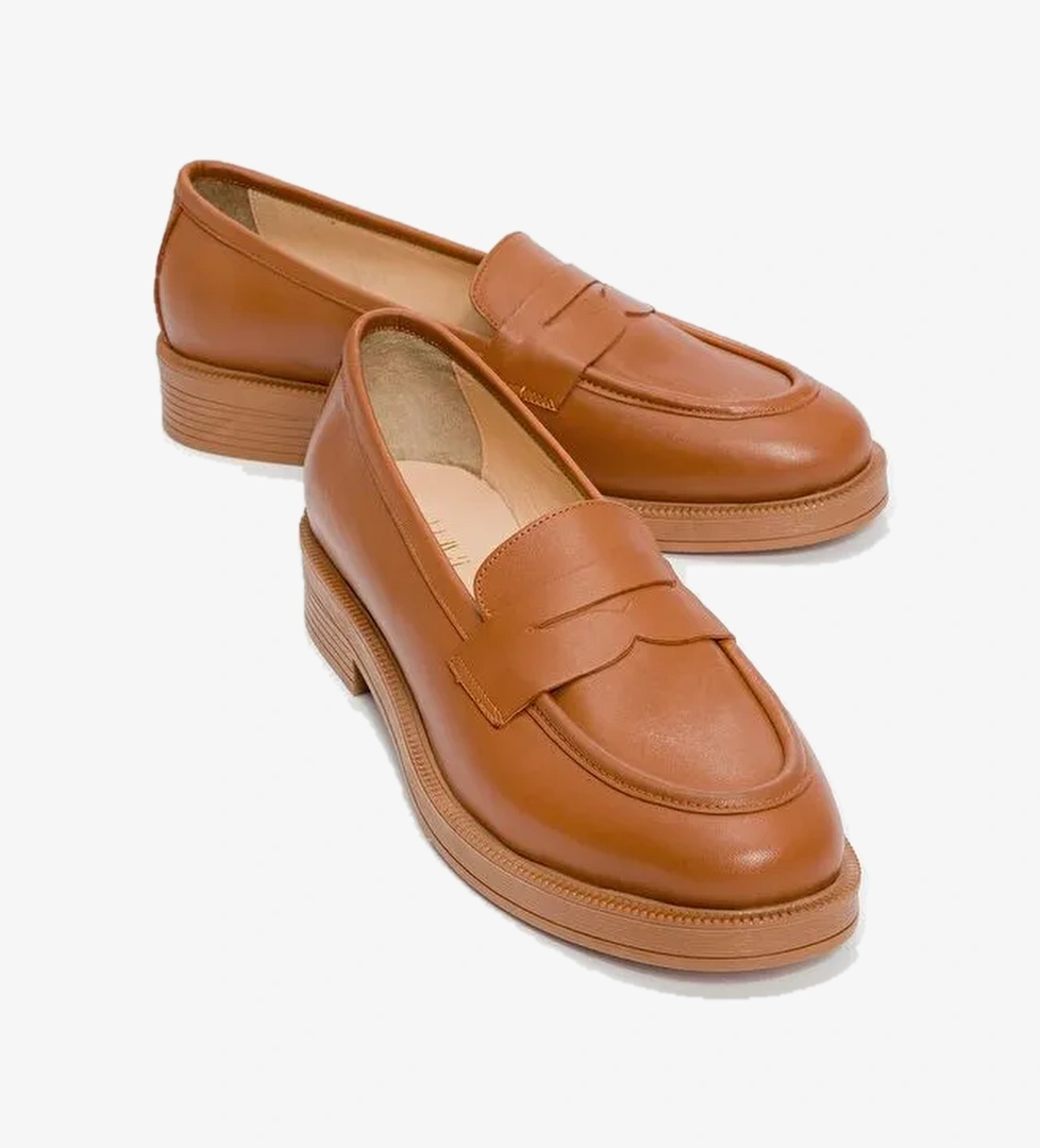 PLİNE Taba Cilt Hakiki Deri Kadın Loafer Ayakkabı - Görsel 1