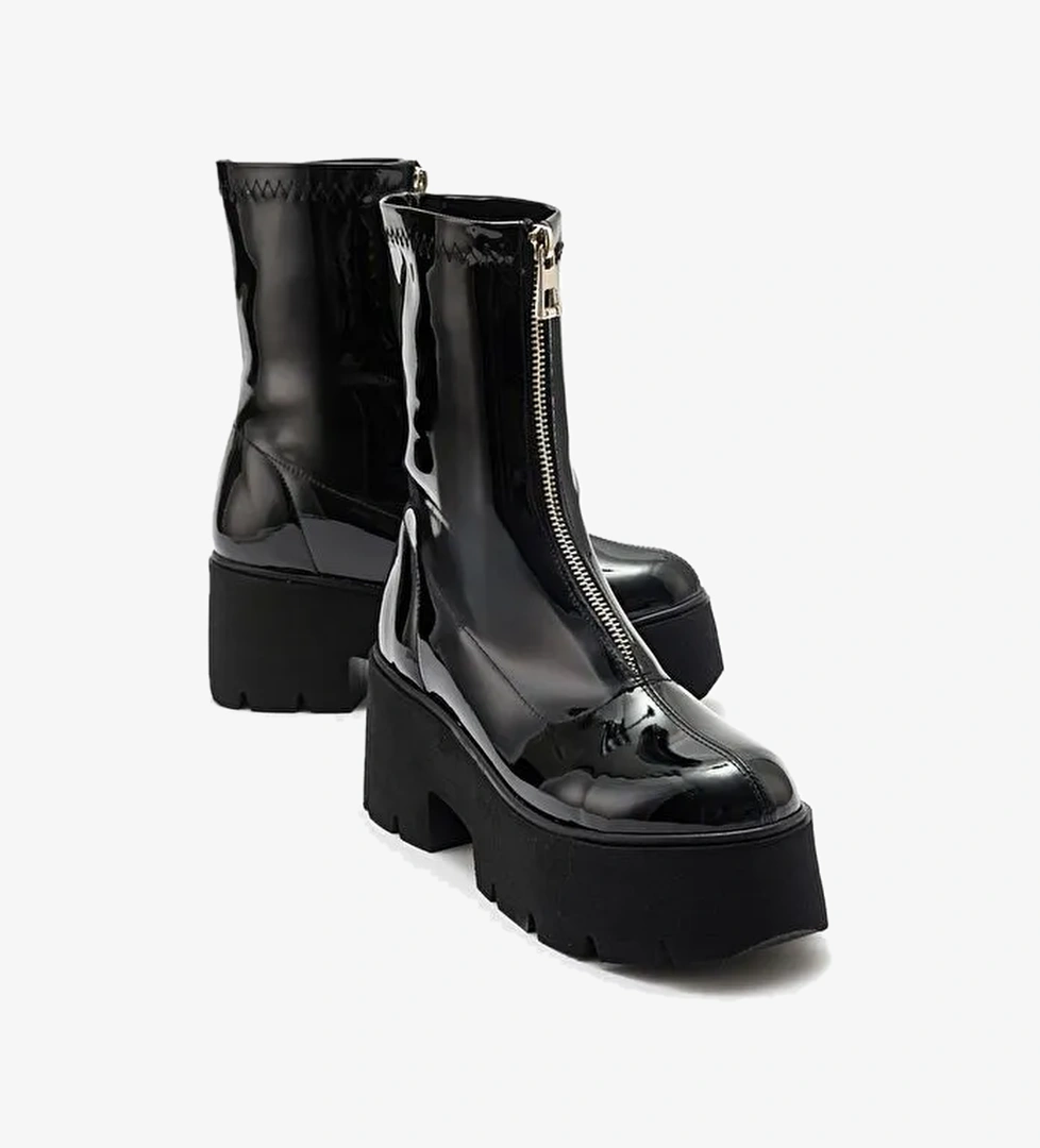 OVİL Siyah Rugan Kalın Taban Fermuarlı Kadın Bot - Görsel 1