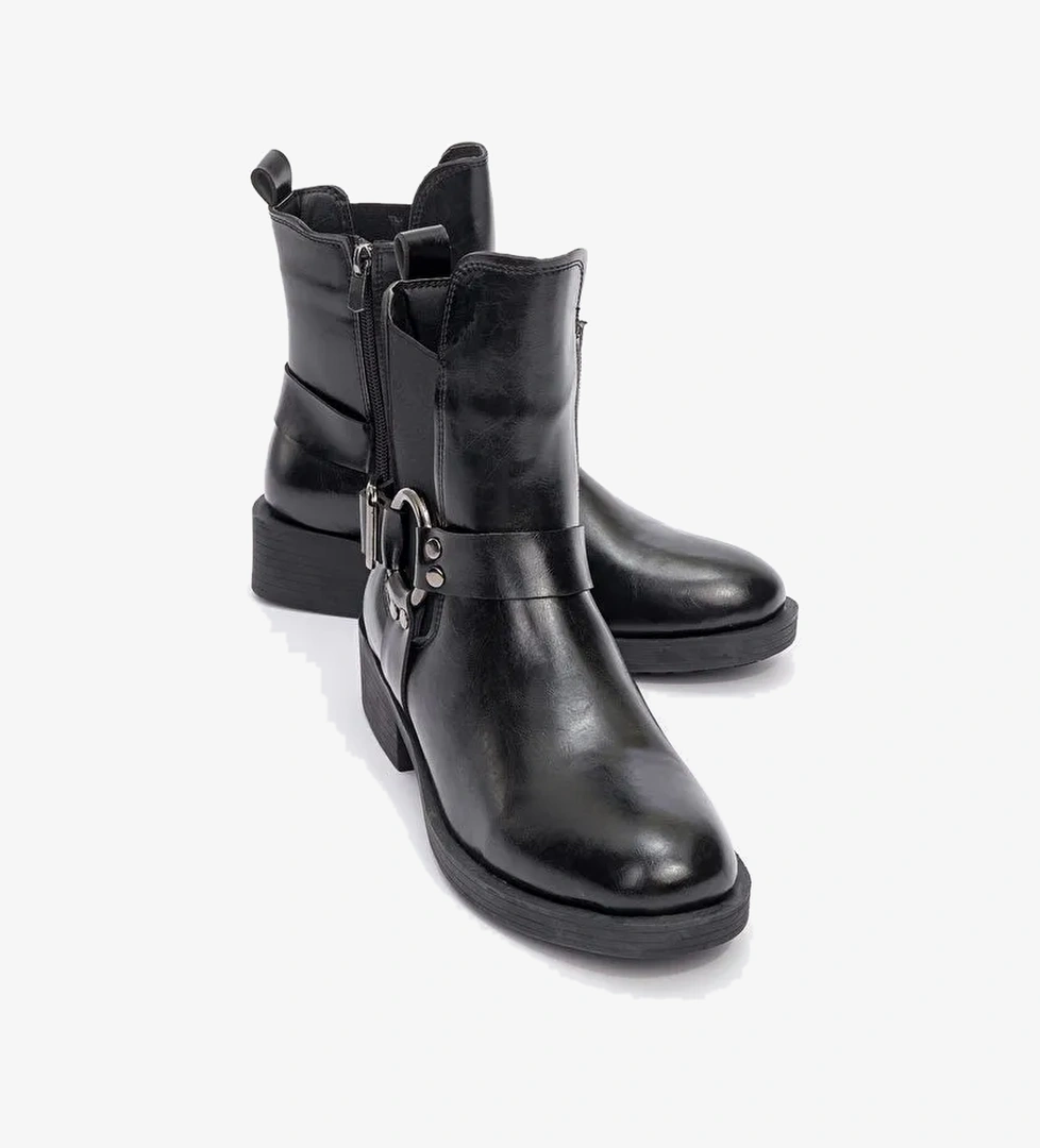 STONE Siyah Cilt Tokalı Lastikli Fermuarlı Kadın Bot - Görsel 1