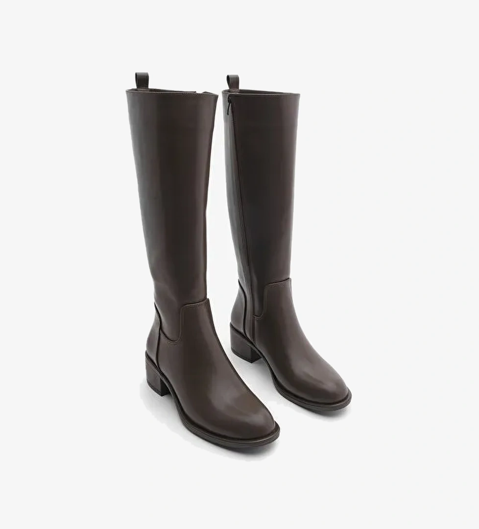 Kadın Yandan Fermuarlı Topuklu Çizme Levarin Kahve - Görsel 1