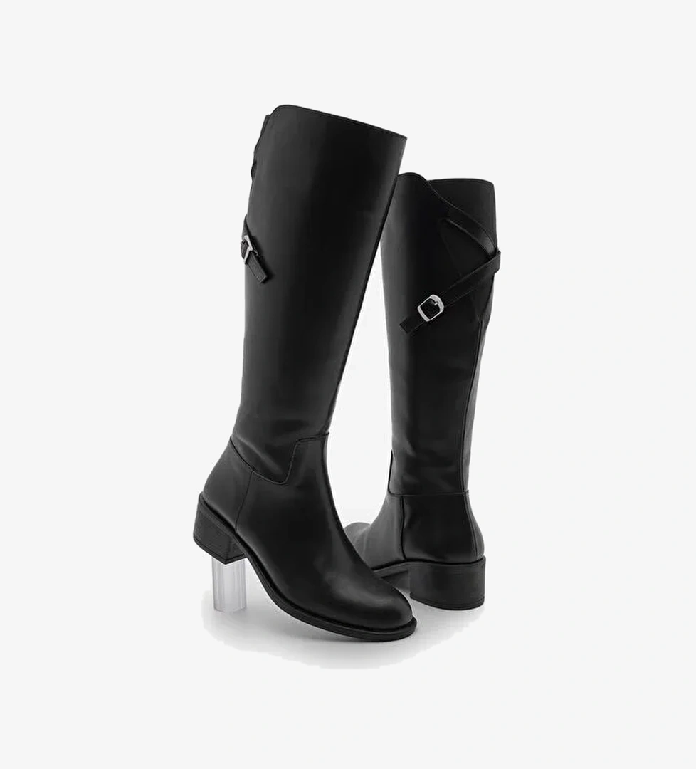 Kadın Kemer Aksesuarlı Yandan Fermuarlı Topuklu Çizme Samole Siyah - Görsel 1