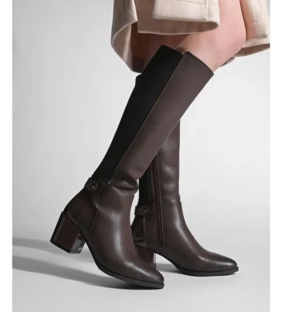 Kadın Fermuarlı Günlük Klasik Topuklu Çizme Aret Kahve - Görsel 1