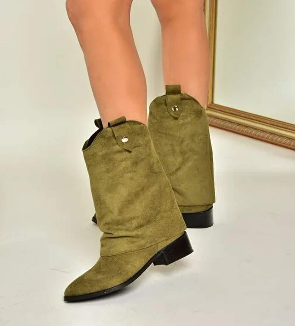 T723972202 Yeşil Süet Alçak Topuklu Kadın Bot - Görsel 1