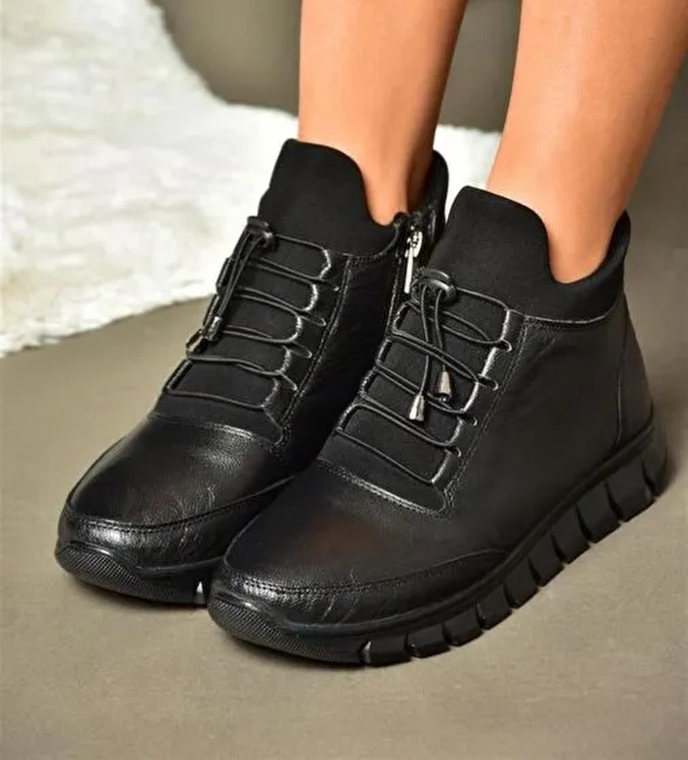 R555301003 Siyah Hakiki Deri Comfort Ortopedik Taban Kadın Bot - Görsel 1