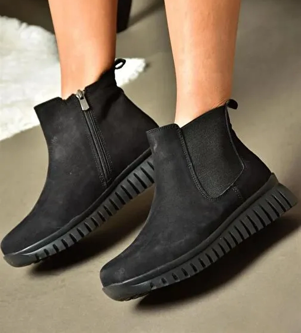 R555400201 Siyah Hakiki Deri Nubuk Kadın Bot - Görsel 1