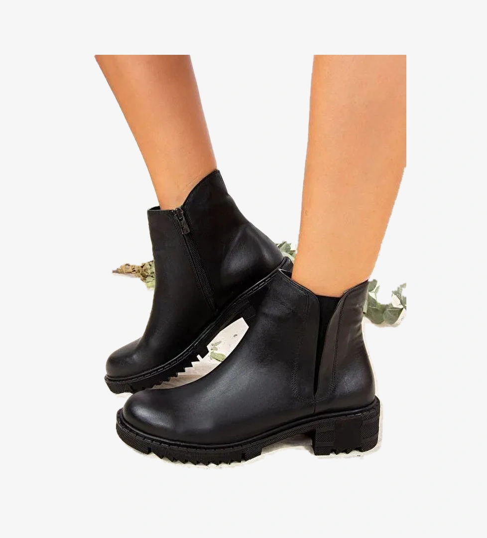 Siyah Hakiki Deri Kadın Bot J654011903 - Görsel 1