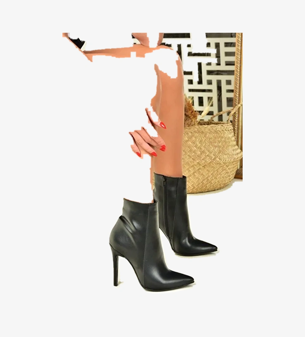 Siyah İnce Topuklu Sivri Burun Kadın Bot N372524409 - Görsel 1