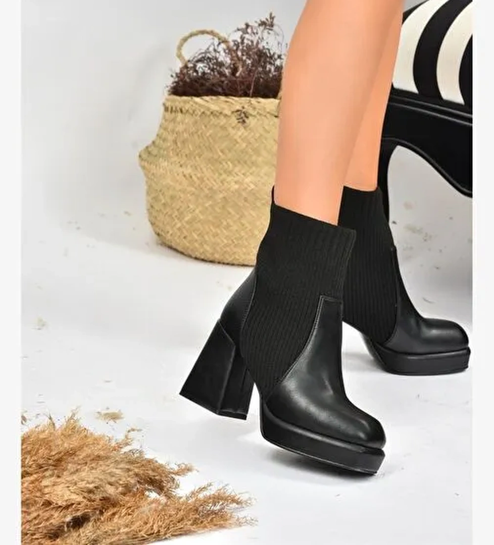 Siyah Deri Platform Topuklu Triko Kadın Bot L282190609 - Görsel 1