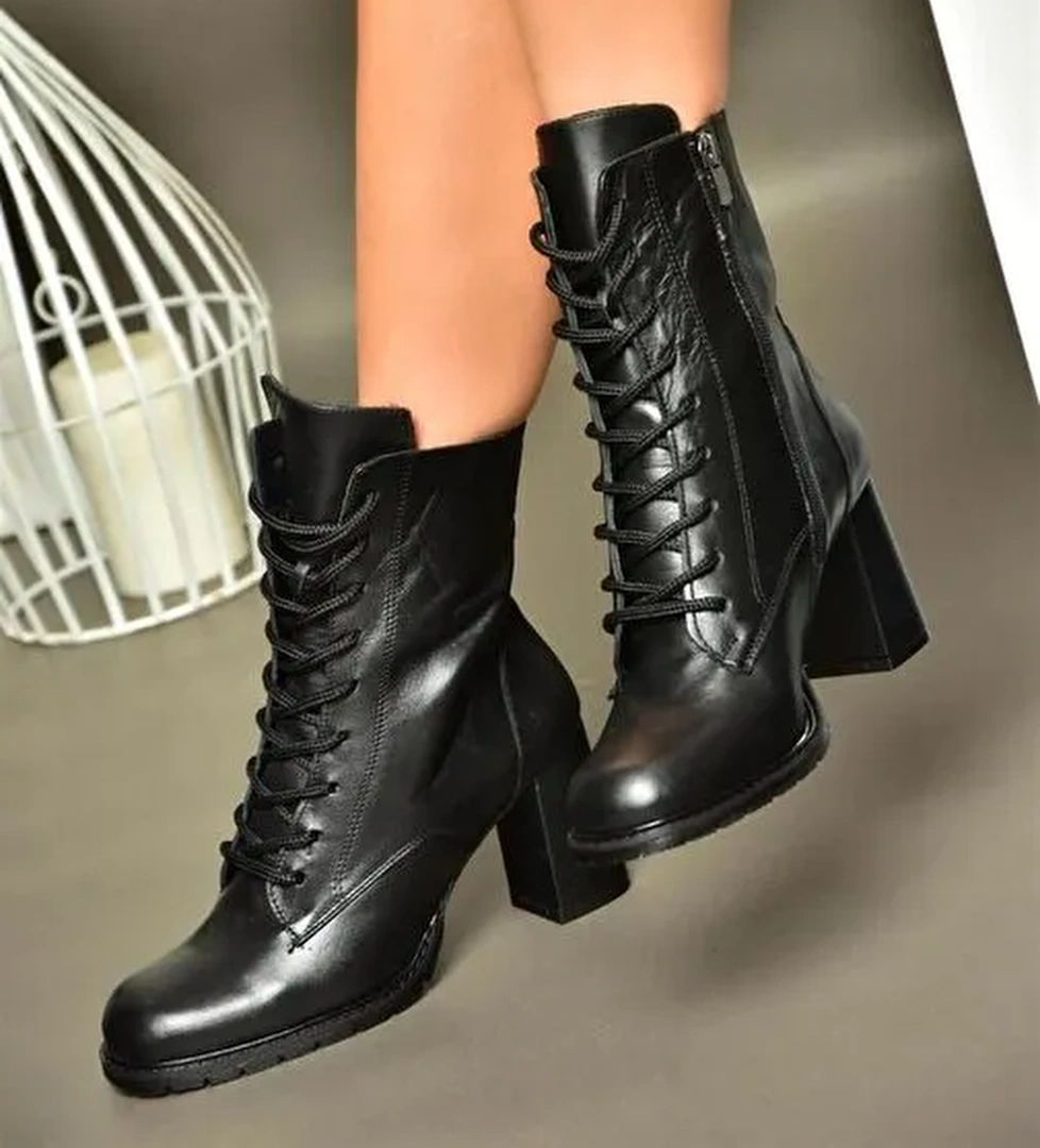 R654026703 Siyah Hakiki Deri Kalın Topuklu Kadın Bot - Görsel 1