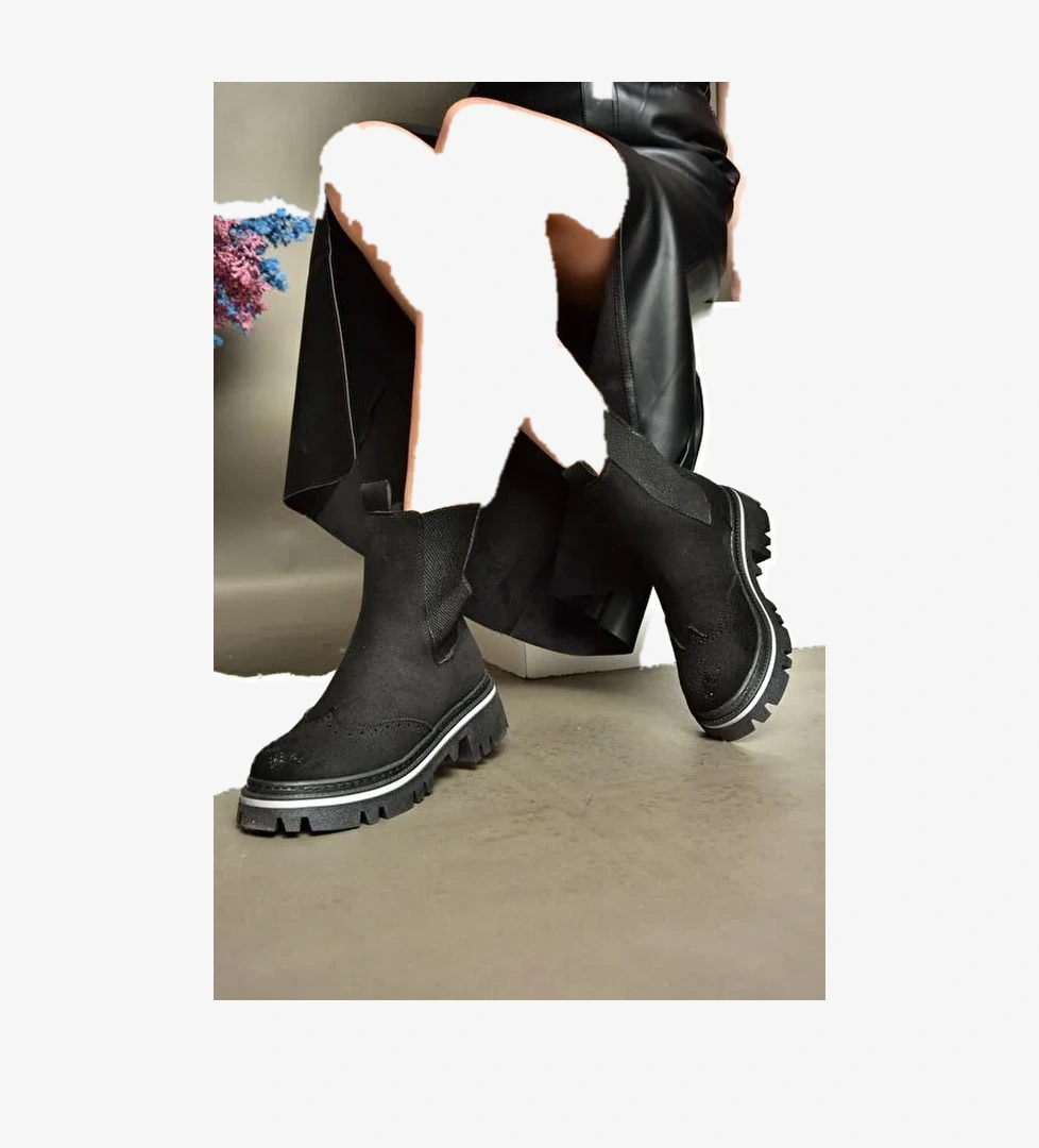 R524902302 Siyah Süet Kalın Tabanlı Kadın Bot - Görsel 1