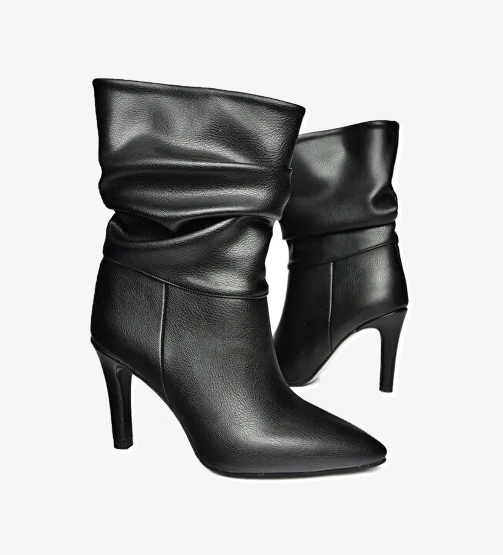 R404020309 Siyah İnce Topuklu Büzgülü Kadın Bot - Görsel 1