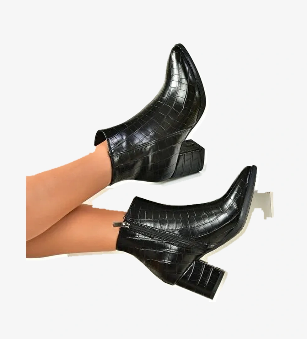 Siyah Kroko Baskı Kalın Topuklu Kadın Bot L251089311 - Görsel 1