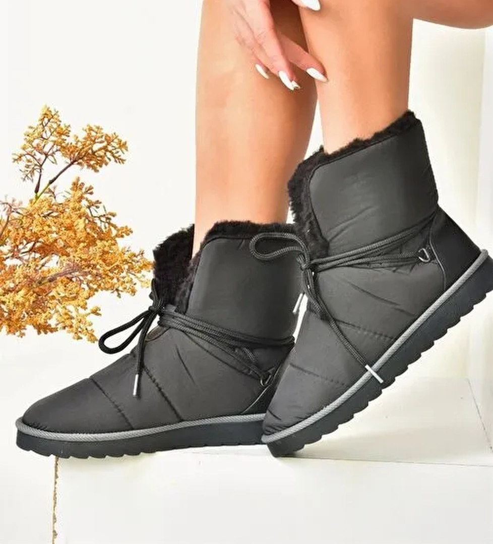 Siyah Kumaş Yakası Kürklü Kadın Bot N973031104 - Görsel 1