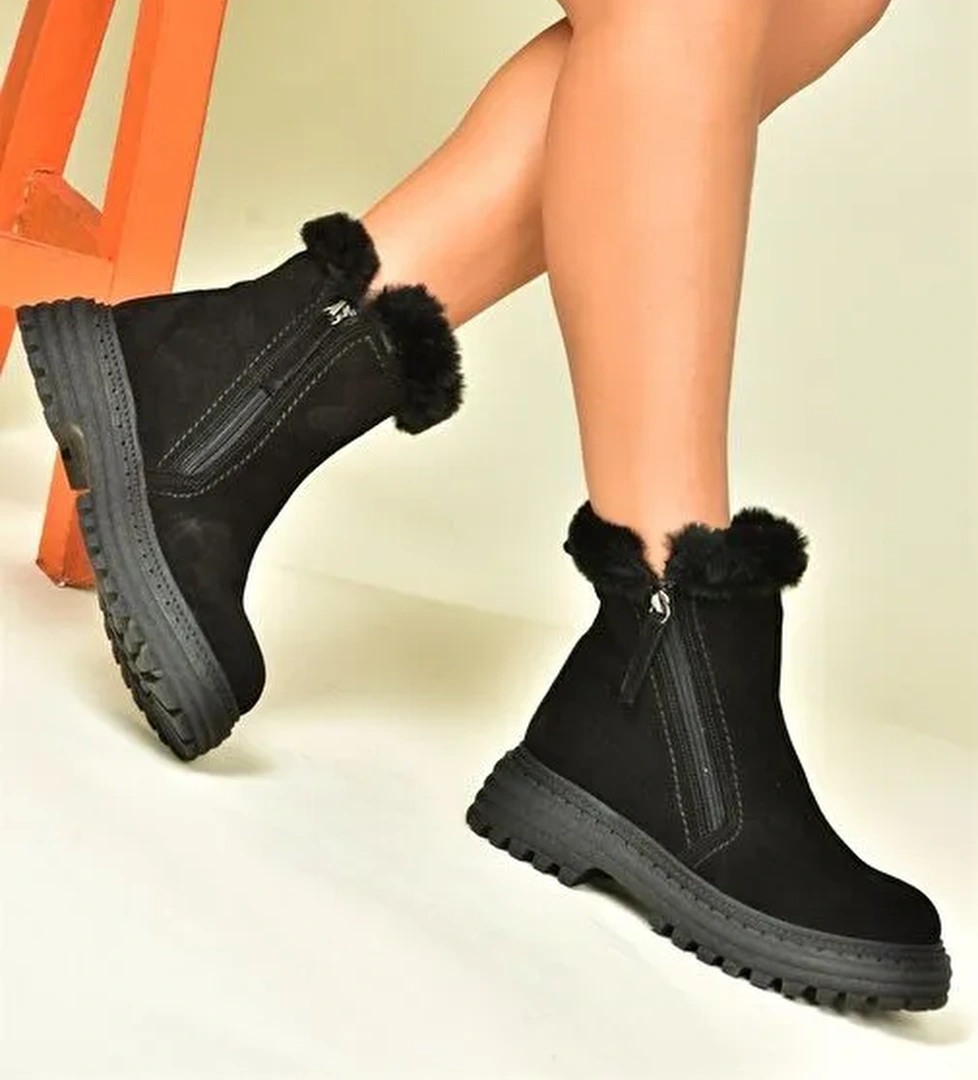 Siyah Hakiki Süet Kalın Tabanlı Günlük Kadın Bot N654080602 - Görsel 1