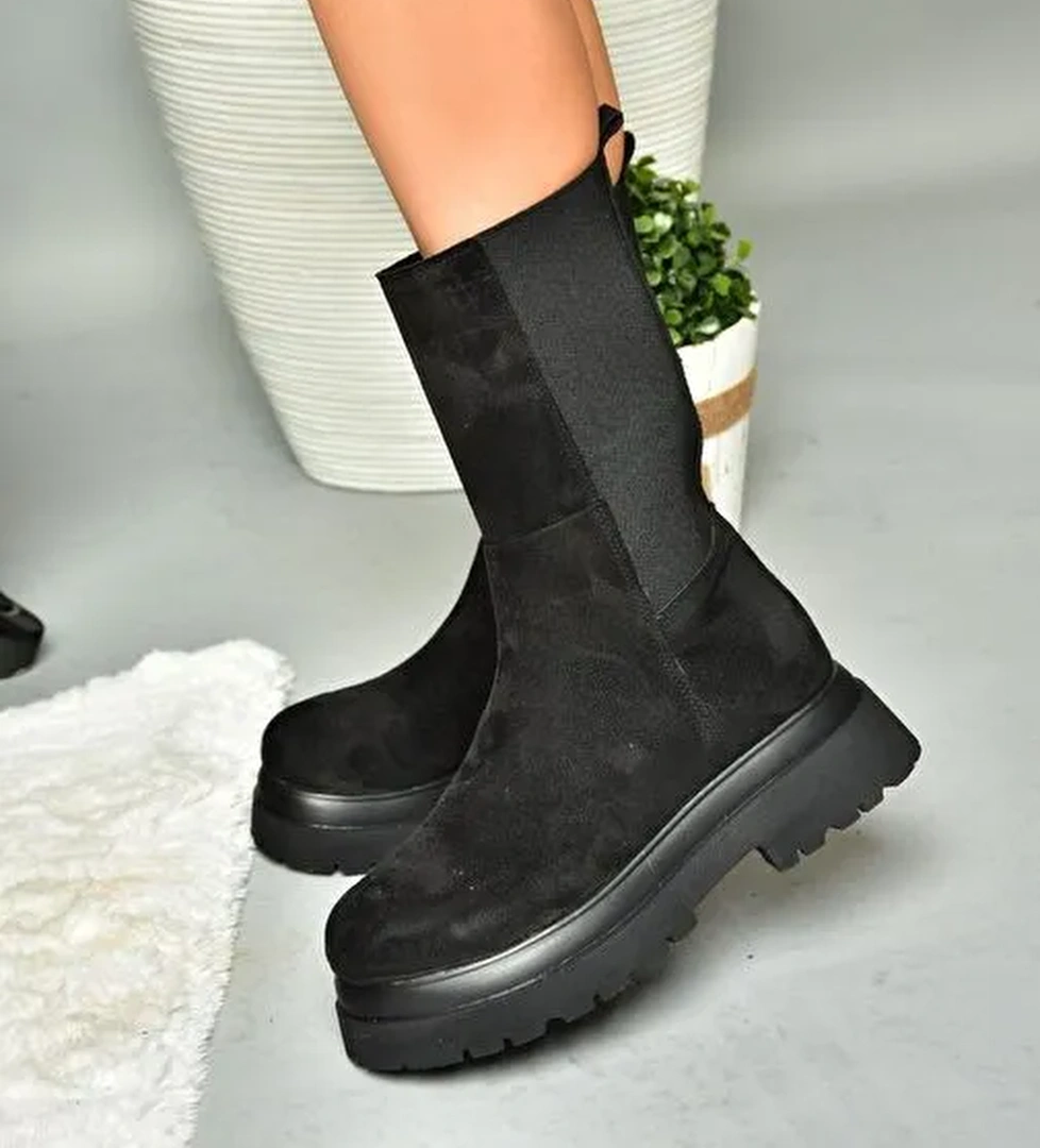 R267043102 Siyah Süet Streç Kalın Tabanlı Kadın Bot - Görsel 1