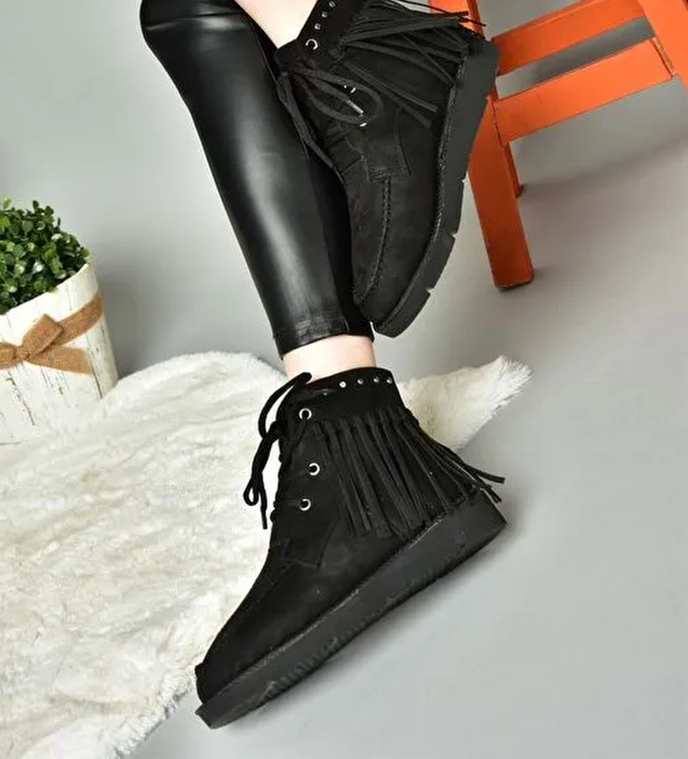 R973530502 Siyah Süet Püsküllü Kadın Bot - Görsel 1