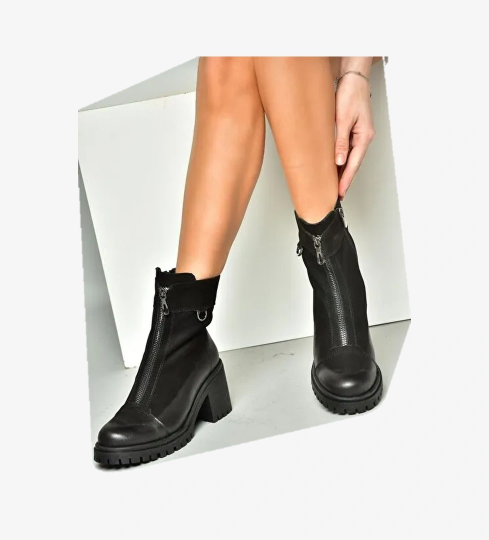 R654095903 Siyah Hakiki Deri Kalın Topuklu Kadın Bot - Görsel 1