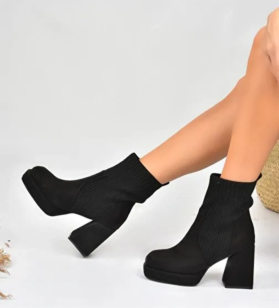 Siyah Süet Platform Topuklu Triko Kadın Bot L282190602 - Görsel 1