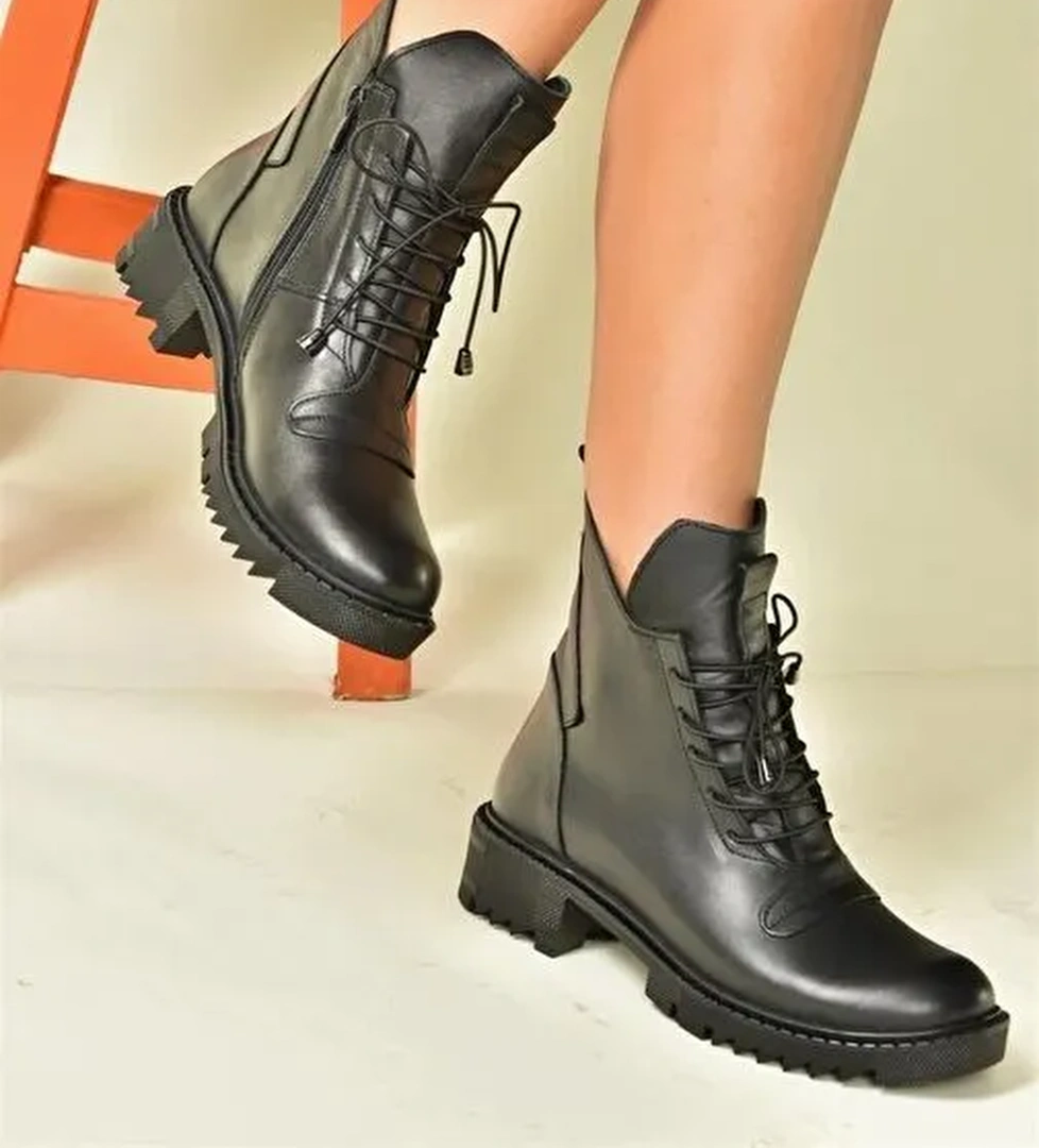 Siyah Hakiki Deri Günlük Kadın Postal Bot N555266203 - Görsel 1