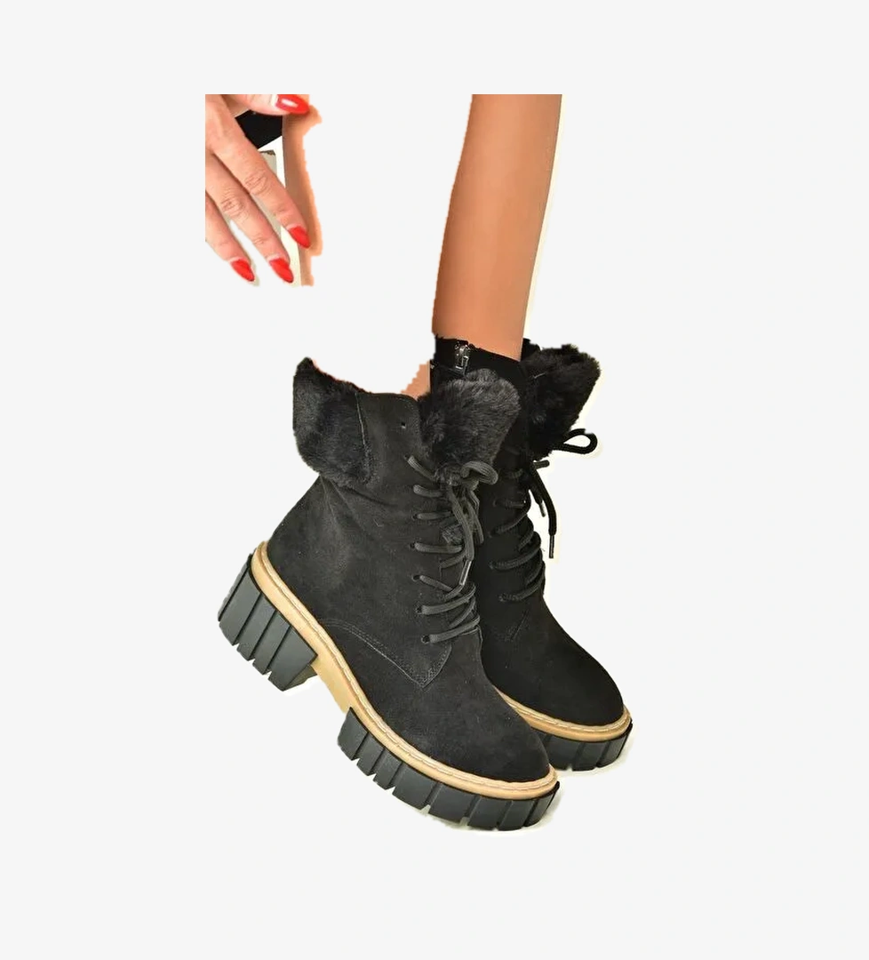 Siyah Süet Kalın Taban Kadın Kürklü Bot N820171002 - Görsel 1