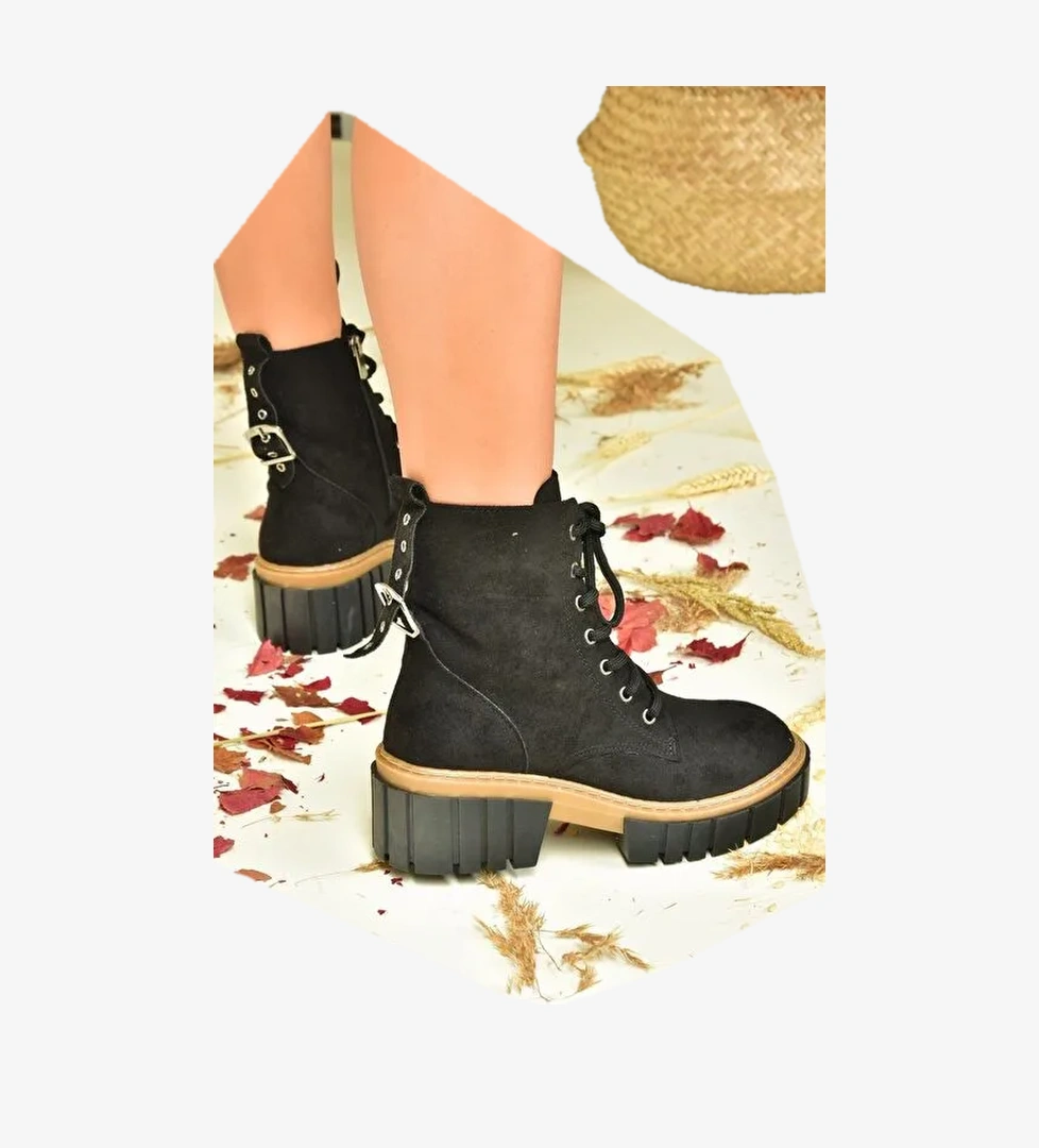 Siyah Süet Kalın Taban Kadın Bot N820200202 - Görsel 1